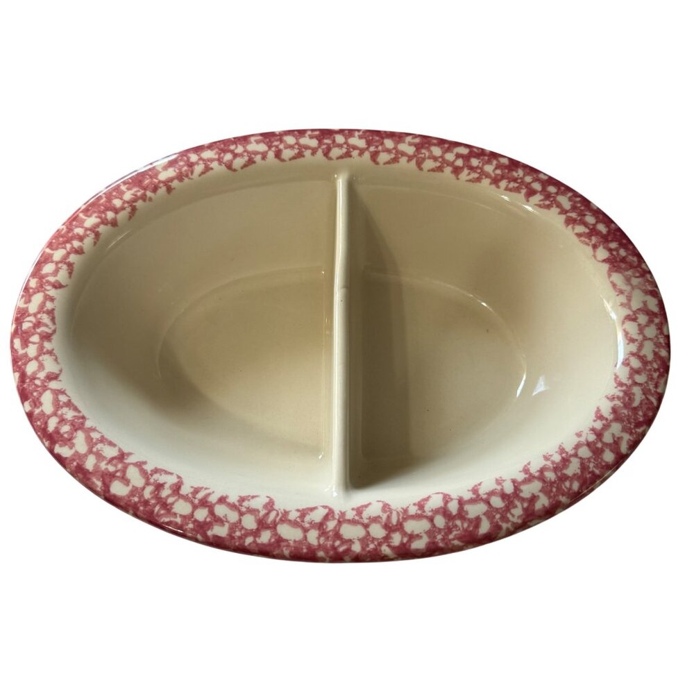 Roseville Spongeware Divided Oval Serving Dish Pink & White 12" x 9" Stoneware